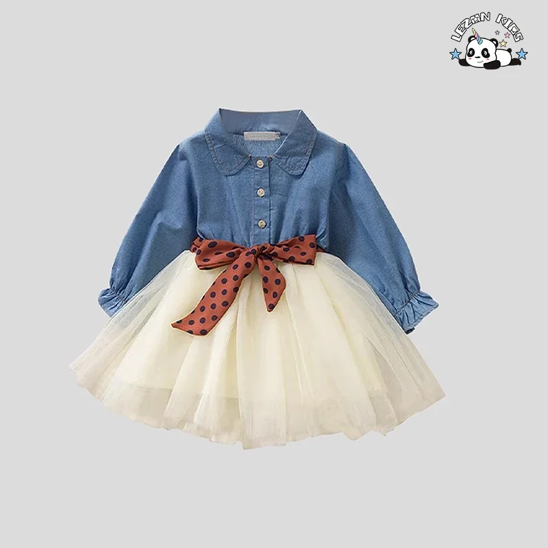 LEZONKIDS - Denim Long Sleeve Peter Pan Collar Tulle Hem Girls Dresses Casual Girls Clothing Dresses for Kids Girls